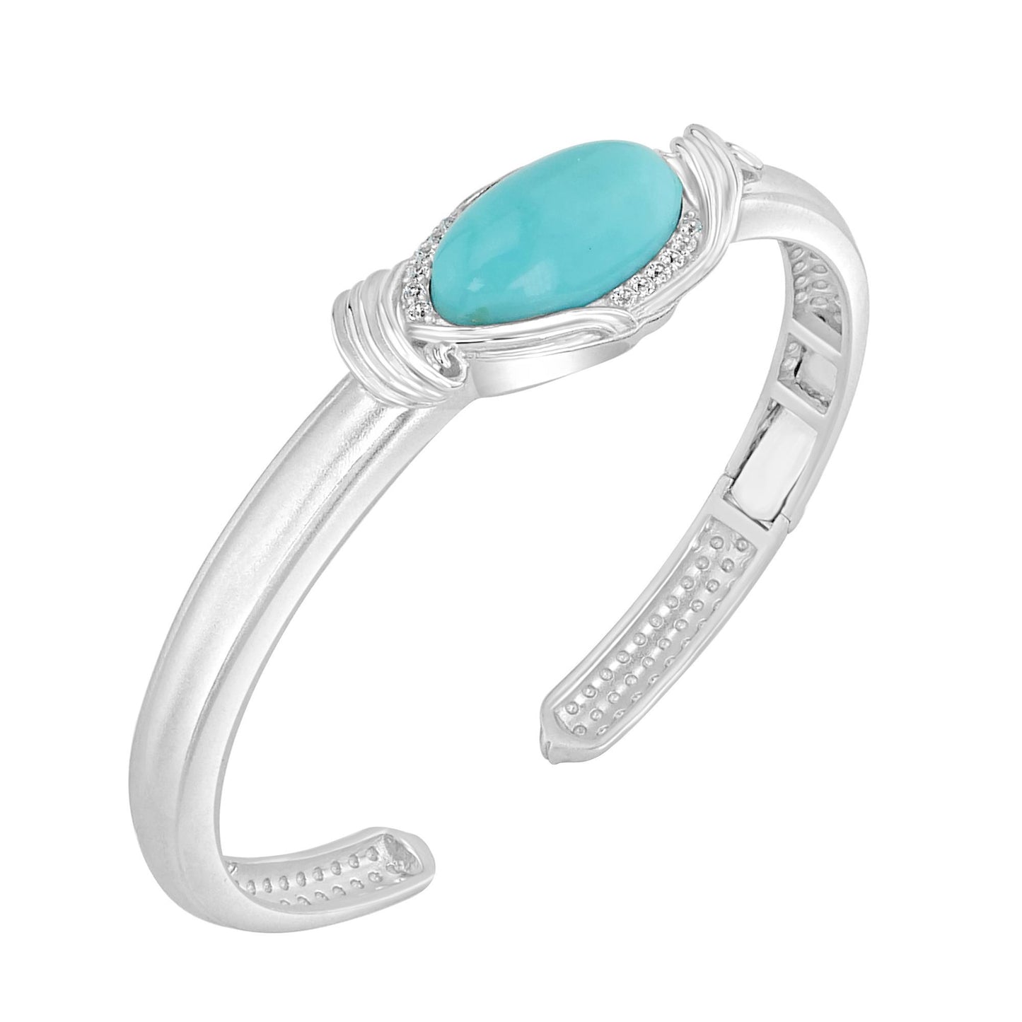 Sterling Silver Natural Oval Kingman Turquoise and White Natural Zircon Gemstone Cuff Bangle