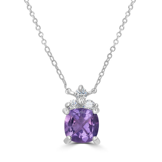 Sterling Silver Genuine Amethyst and Cubic Zirconia Cushion Cut Pendant Necklace, 18 Inches