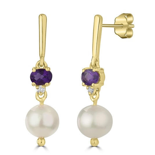14K Gold over Sterling Silver Freshwater Pearl, Amethyst and Diamond Dangle Earrings