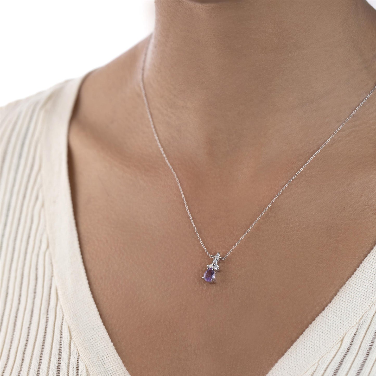 Sterling Silver Amethyst and Cubic Zirconia Pear-Cut Pendant Necklace, 18 Inches