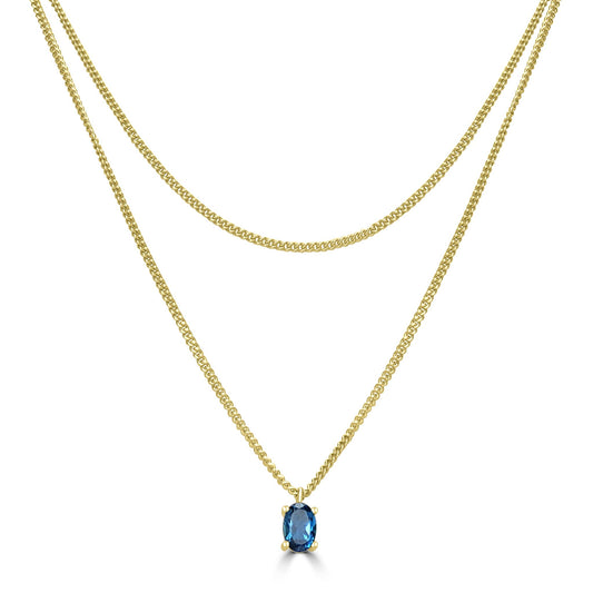 14K Gold Over Sterling Silver Genuine Double Strand London Blue Topaz Gemstone Pendant Necklace, 18 Inches