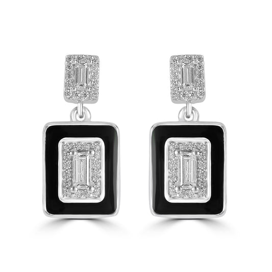 Judy Crowell Jewelry Sterling Silver Black Enamel Rectangle Cubic Zirconia Drop Earrings