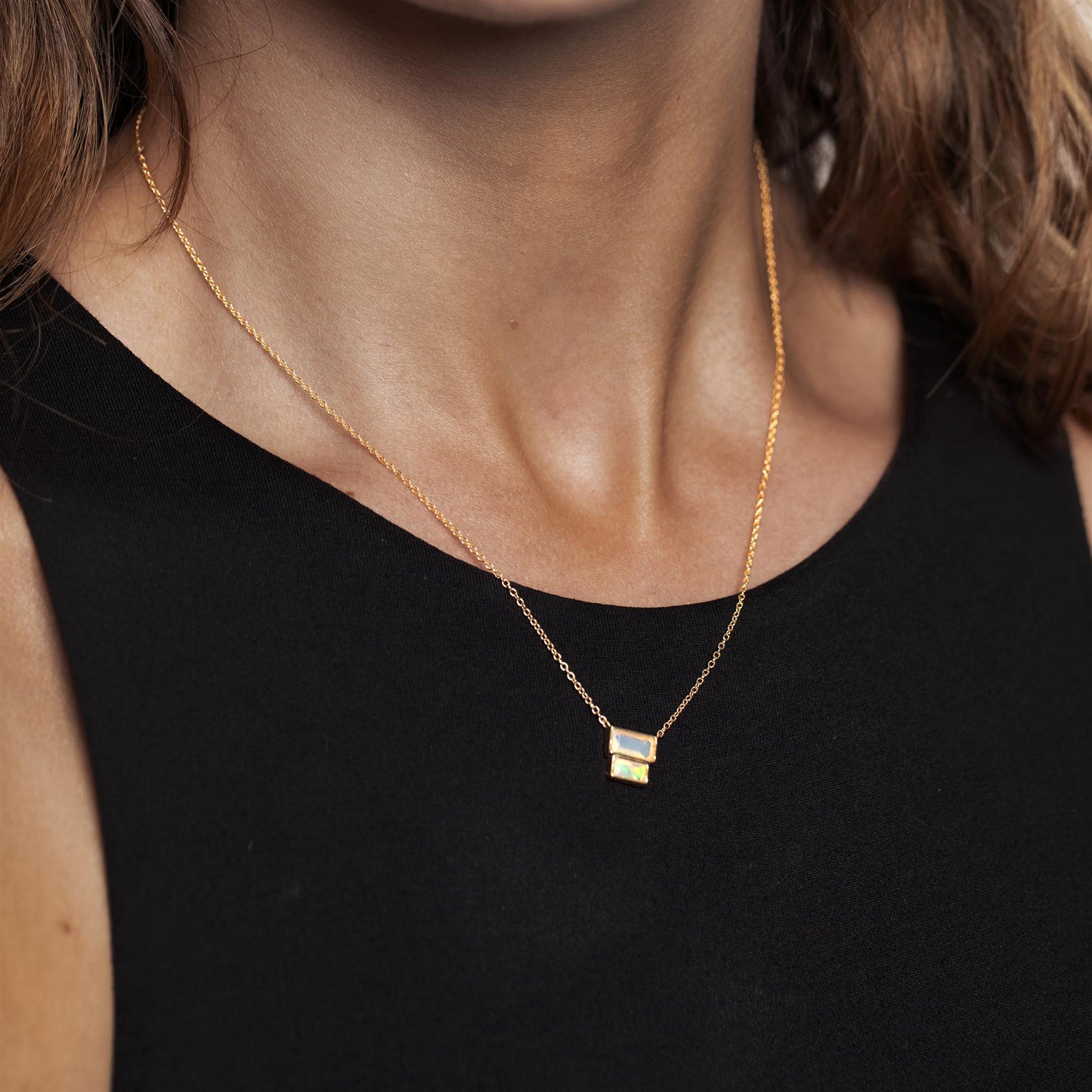 14K Gold Over Sterling Silver Genuine Opal Double Baugette Pendant Necklace