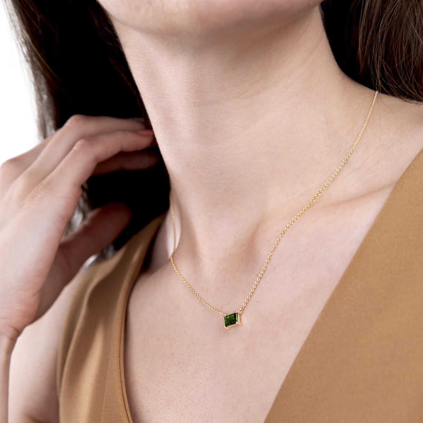 14K Gold over Sterling Silver Genuine Chrome Diopside Baugette Pendant Necklace, 18 Inches