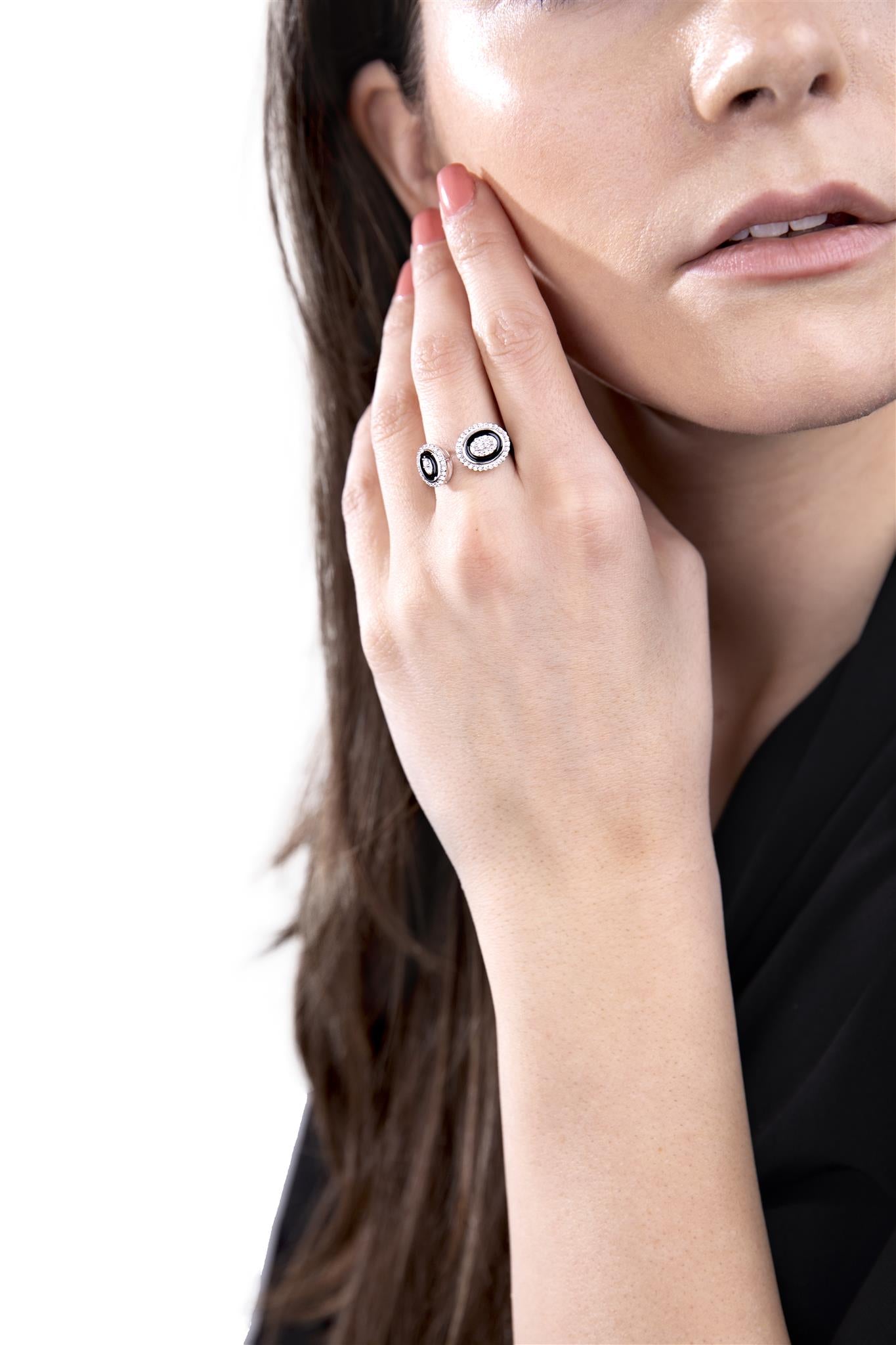 Judy Crowell Jewelry Sterling Silver Black Enamel Cubic Zirconia Open Band Ring, Sizes 6 to 9