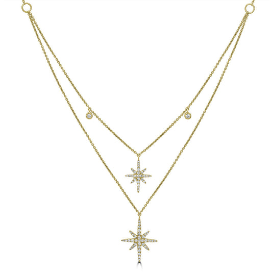 Gemistry 14K Yellow Gold 0.34 Ct Round Diamond Multi-row Star Necklace(GH Color, I1 Clarity)
