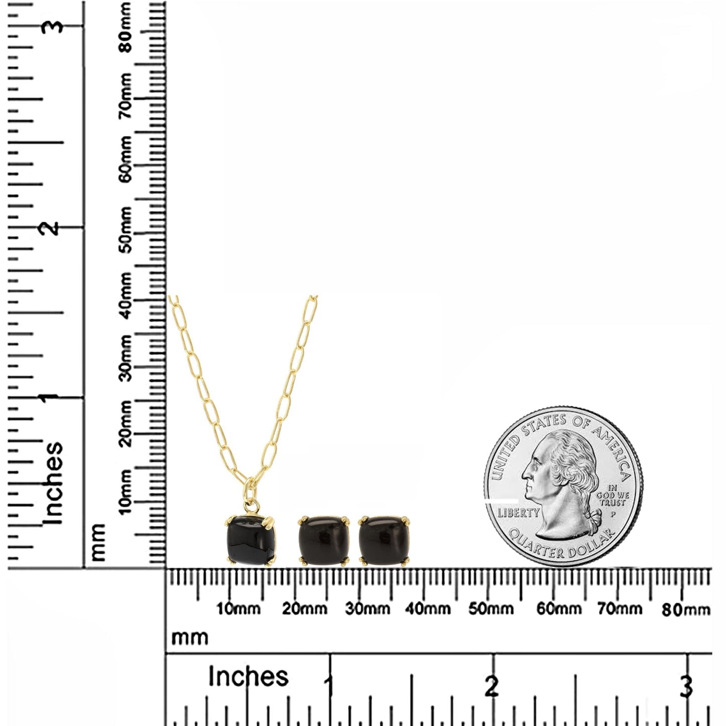 14K Gold Over Sterling Silver Black Onyx 18 Inch Pendant Link Chain Necklace and Earring Set
