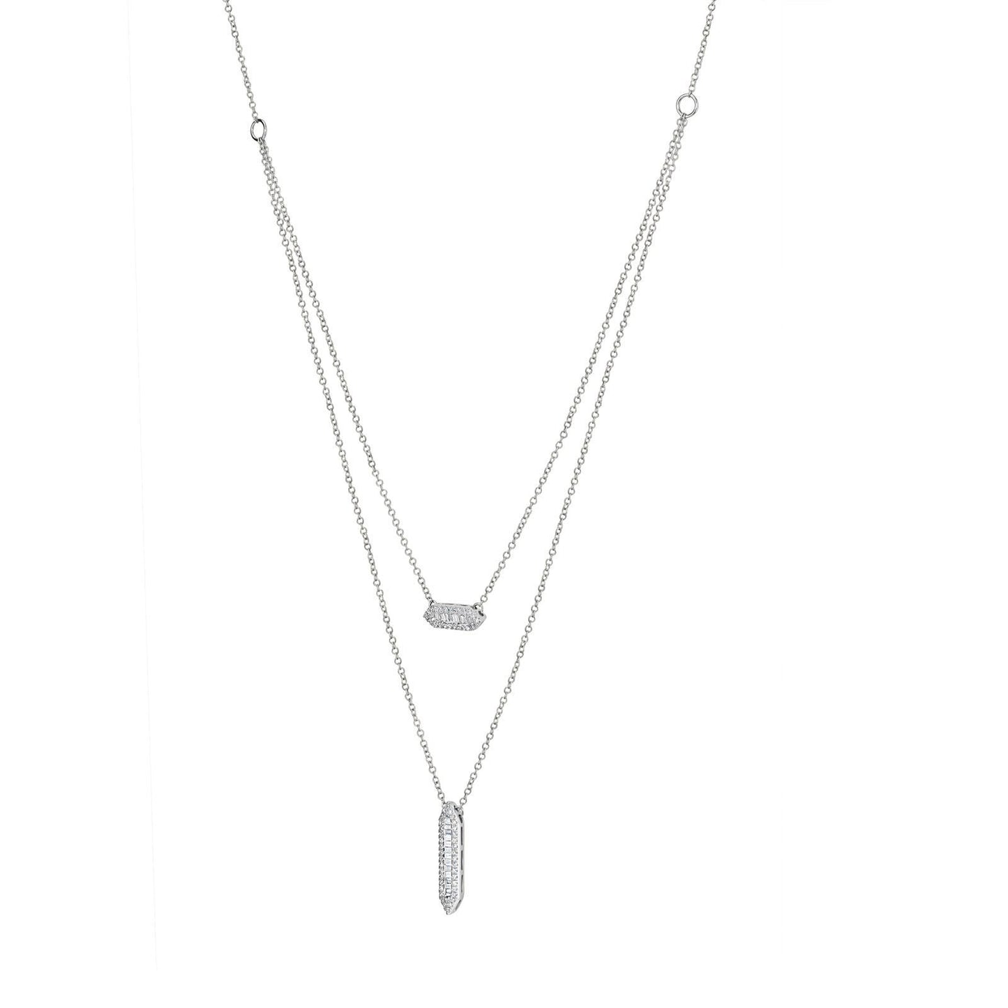 Gemistry Women 14K White Gold 0.42Ct Baguette and Round Diamond Layered Necklace (GH Color, VS1 Clarity), 15 inch