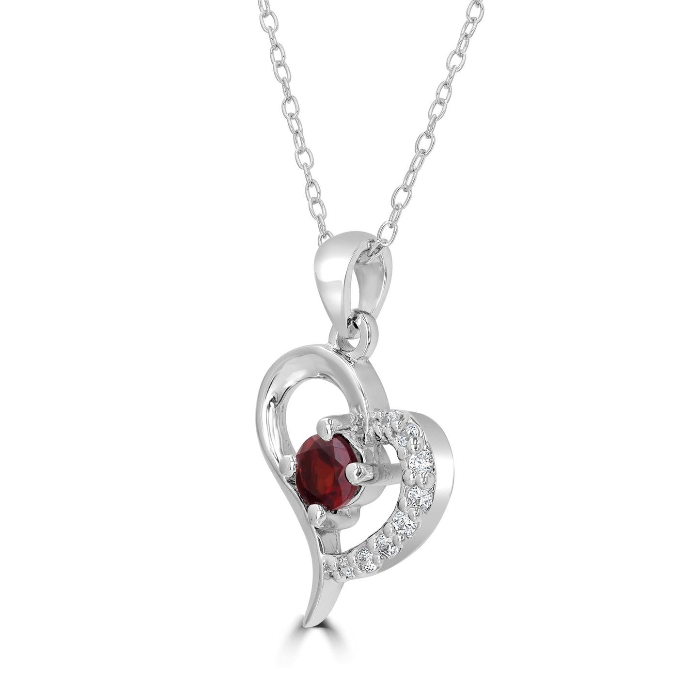 Sterling Silver Garnet and Cubic Zirconia Heart Design Cable Pendant Necklace, 18 Inches