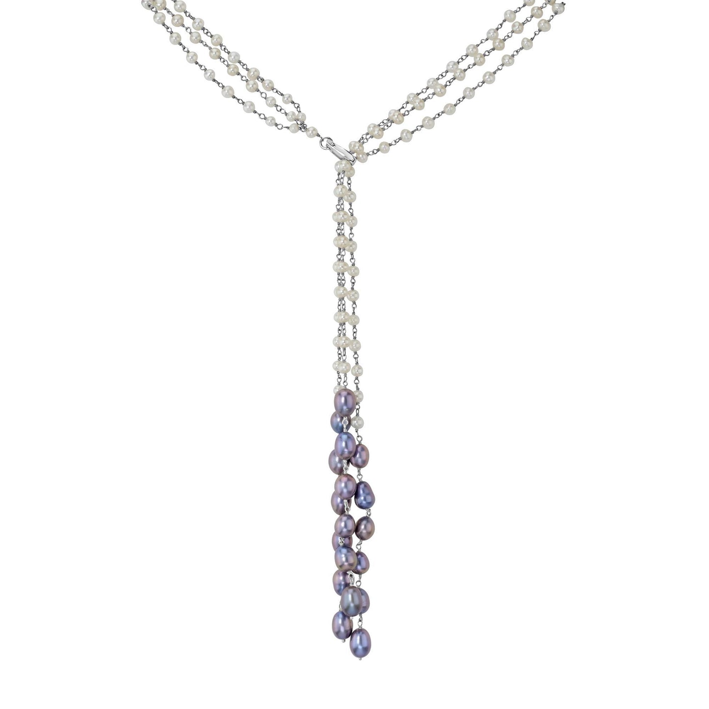 Sterling Silver White and Gray Freshwater Pearl Lariat Necklace, 22 Inches