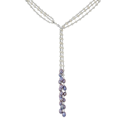 Sterling Silver White and Gray Freshwater Pearl Lariat Necklace, 22 Inches