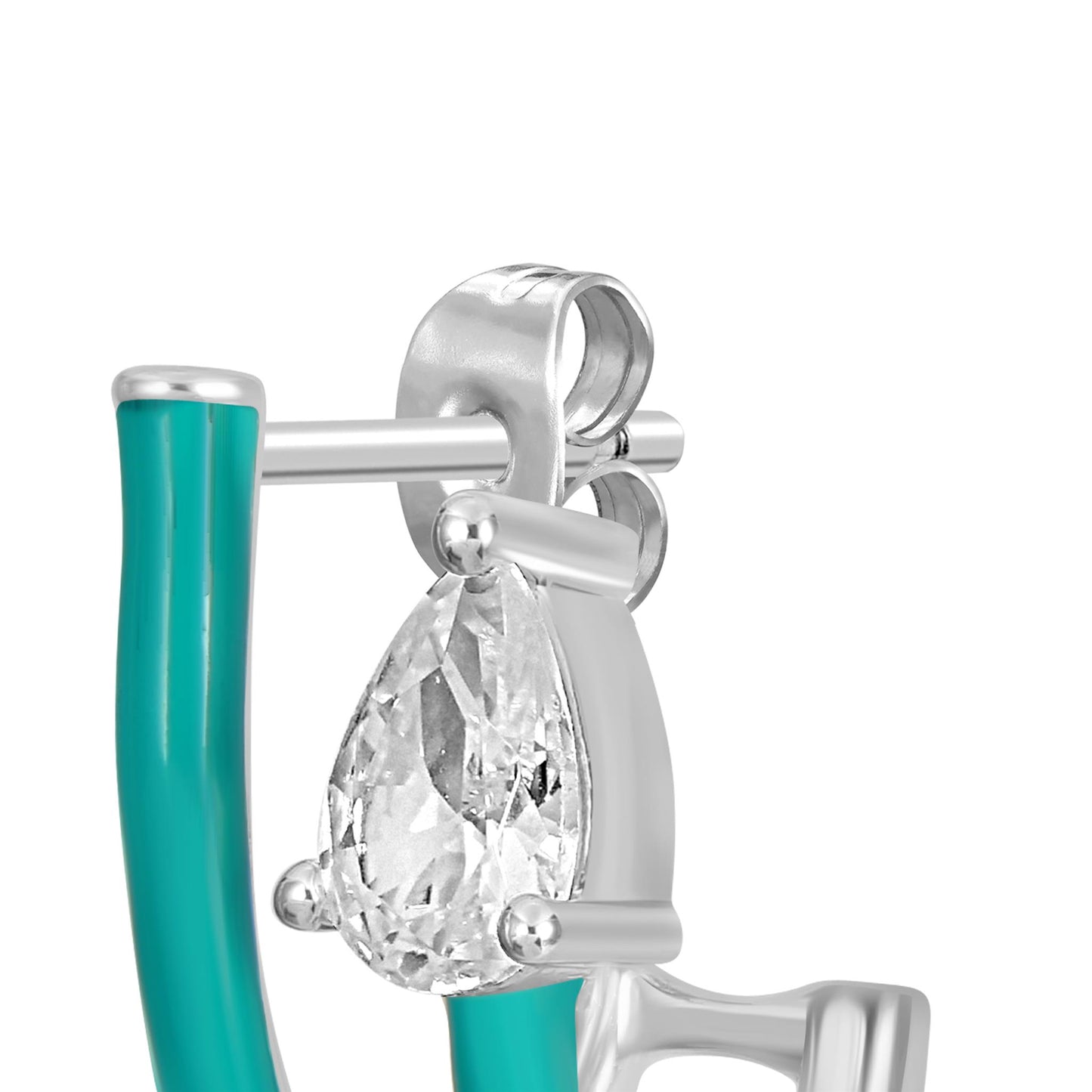 Bob Mackie Jewelry Silver-Plated Brass Pear-Shaped Cubic Zirconia and Double Row Turquoise Enamel Hoop Earrings