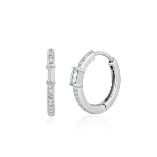 14K White Gold 0.18 Carat Diamond Pave and Baguette Hoop Earrings