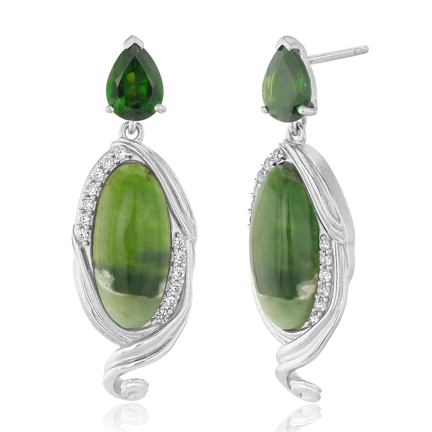 Gemistry Women & Girls Sterling Silver Elongated Oval Chrome Chalcedony Gemstone Swirl Design Drop Earrings | Birthstone Jewelry Gift for Her Birthday | Wedding | Anniversary