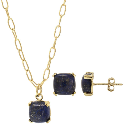 14K Gold Over Sterling Silver Lapis 18 Inch Pendant Link Chain Necklace and Earring Set