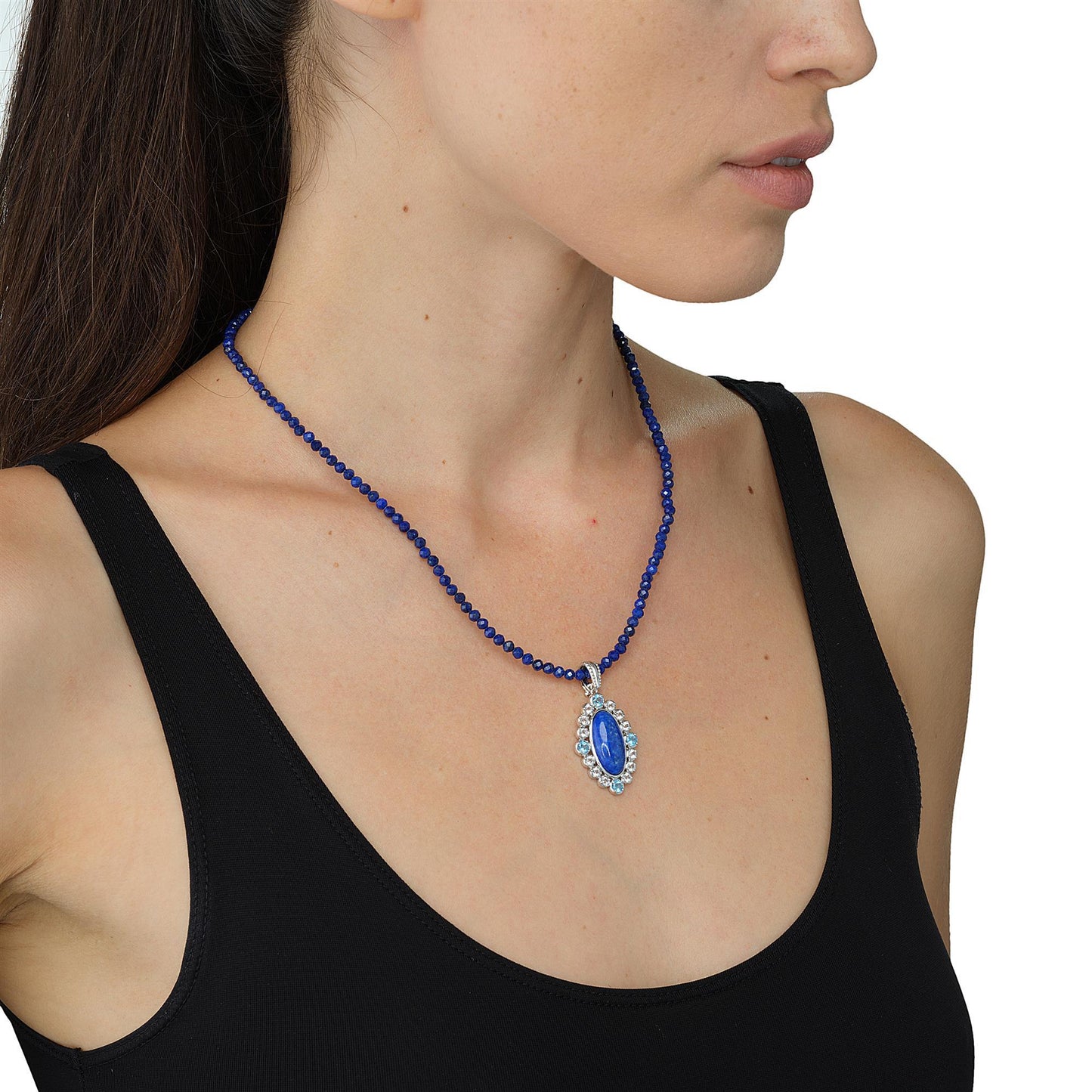 GG Collection Sterling Silver Beaded Lapis, White and Blue Topaz Pendant Necklace