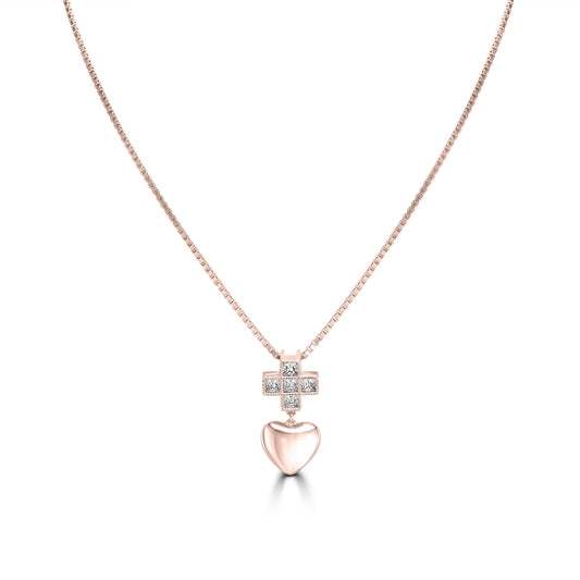 Kathy Levine Rose Gold-Plated Sterling Silver Cubic Zirconia Cross and Heart Pendant Necklace