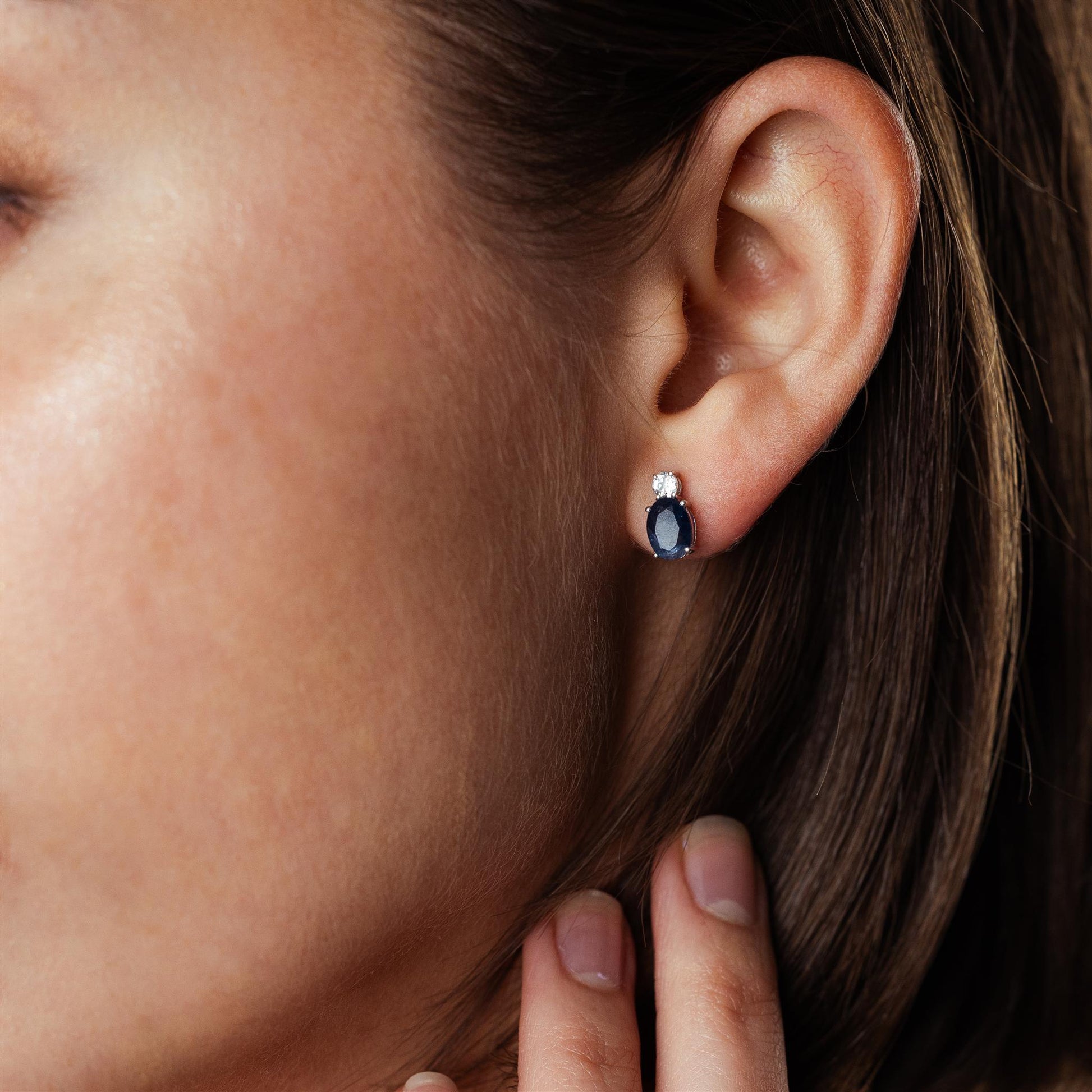 14K White Gold Oval Sapphire and White Topaz Stud Earrings