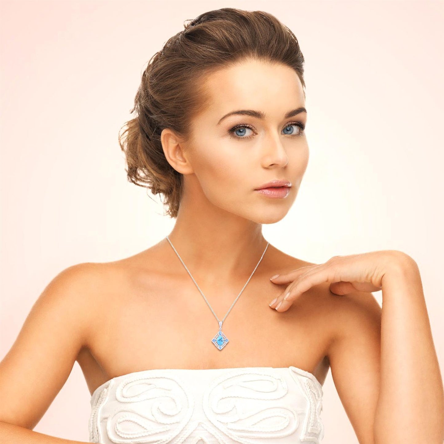 Gemistry Womens & Girls Sterling Silver Kingman Turquoise & Swiss Blue Topaz Framed Pendant with Chain, 18 inch Gift for Her | Wedding | Birthday | Anniversary