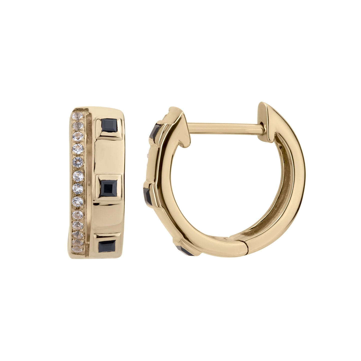 14K Gold .31 Carat Black Onyx and White Topaz Huggie Hoop Earrings
