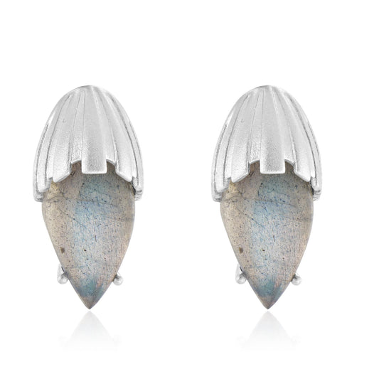 Sterling Silver Pear Labradorite Gemstone Ribbed Stud Earrings