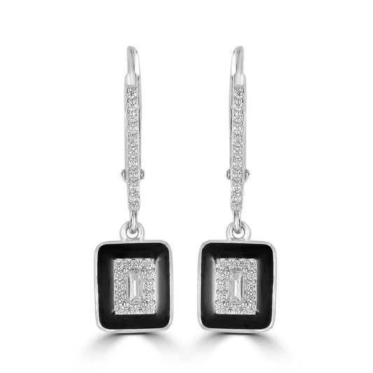 Judy Crowell Jewelry Sterling Silver Black Enamel Square Cubic Zirconia Leverback Earrings