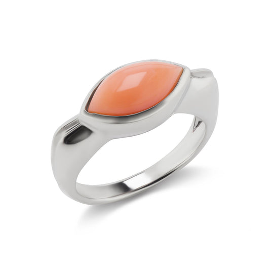 Sterling Silver Angel Skin Sunset Coral Marquise Ring, Sizes 5 to 9