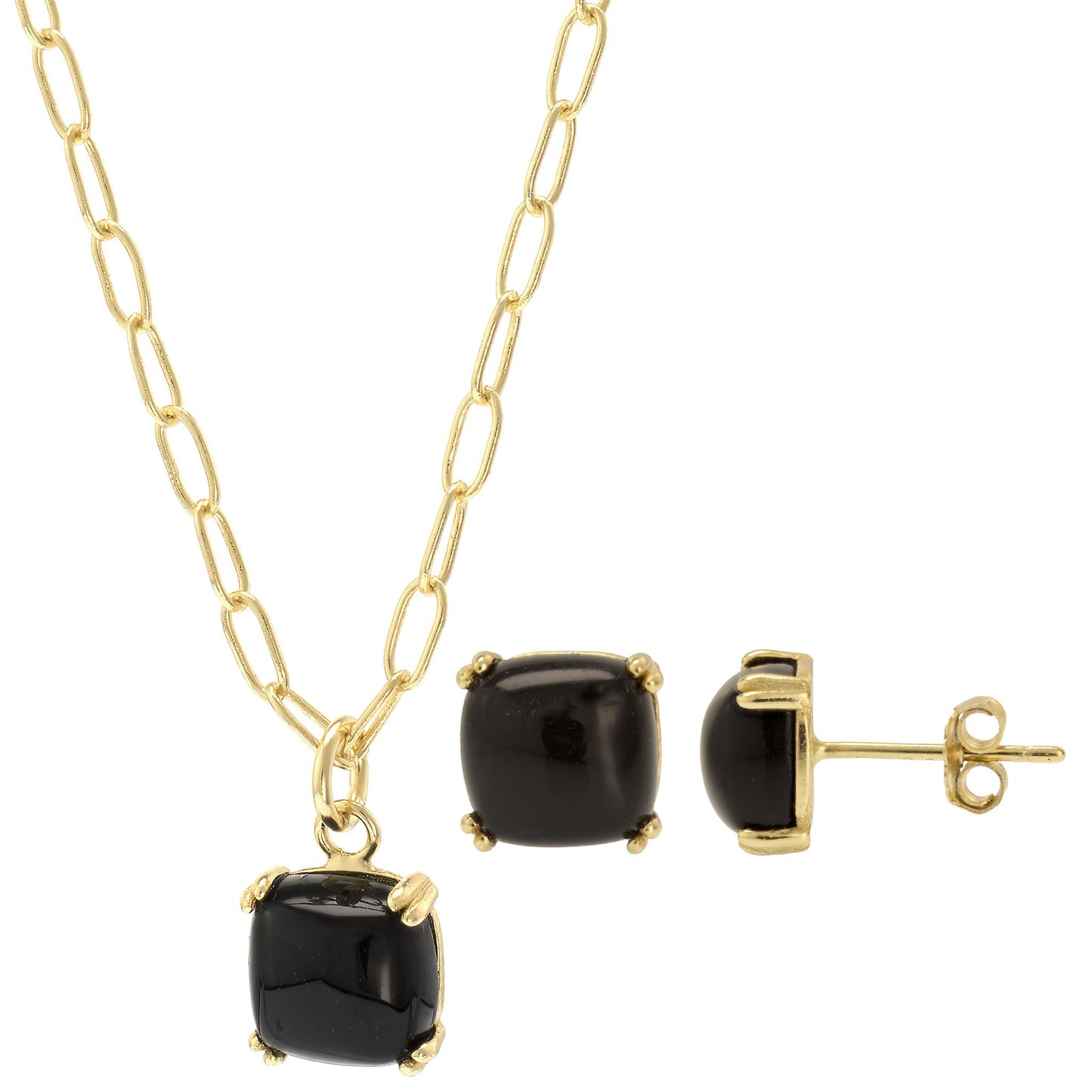14K Gold Over Sterling Silver Black Onyx 18 Inch Pendant Link Chain Necklace and Earring Set