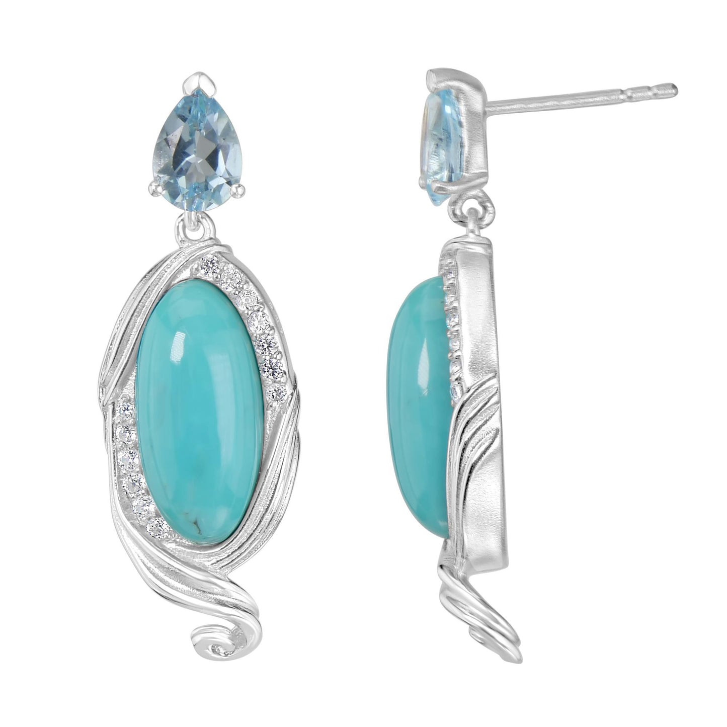 Sterling Silver Elongated Oval Turquoise and Blue Topaz Swirl Design Drop Earrings