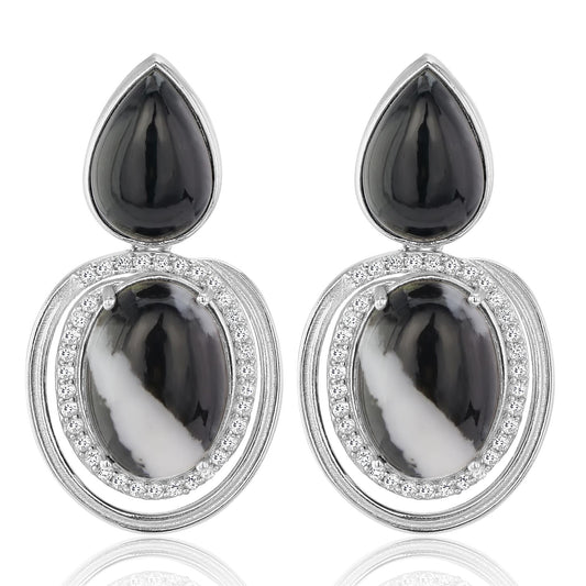 Sterling Silver White Buffalo, White Topaz and Black Jade Gemstone Drop Earrings
