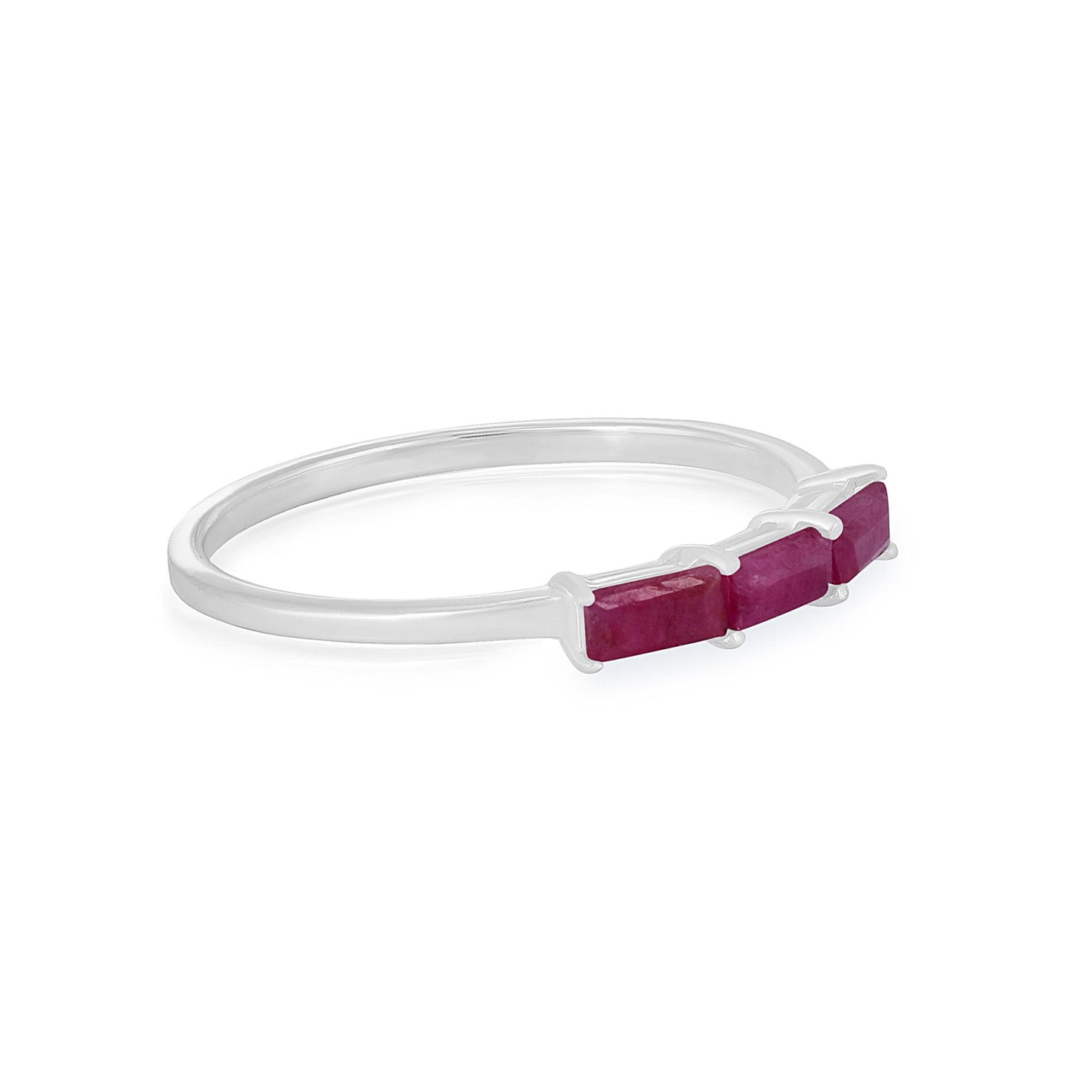 Heidi Sterling Silver Ruby Gemstone Stackable 3-Stone Baguette Ring, Sizes 6 to 8