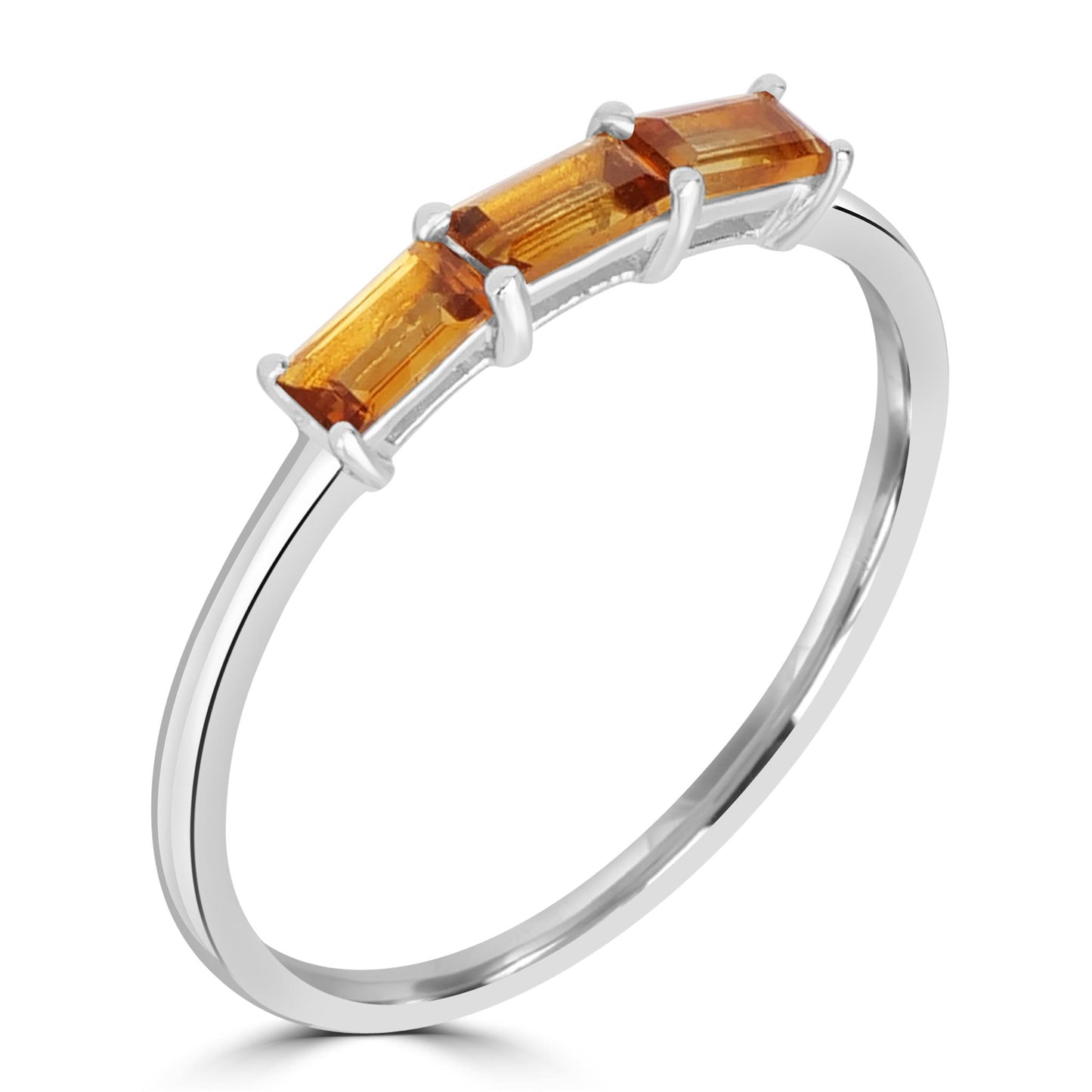 Heidi Sterling Silver Citrine Gemstone Stackable 3-Stone Baguette Ring, Sizes 6 to 8