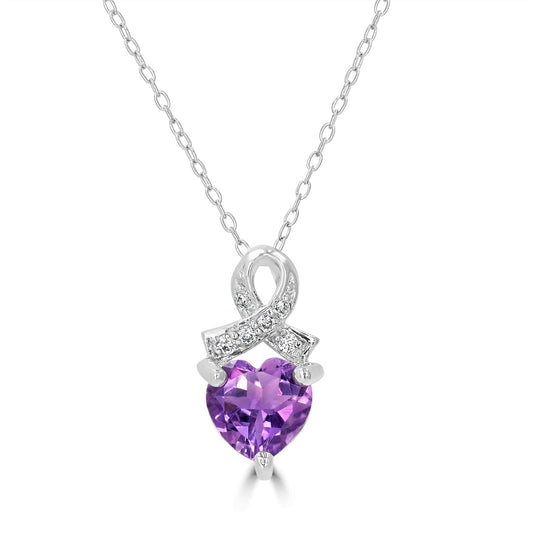 Sterling Silver Amethyst Heart Ribbon Design Cable Pendant Necklace, 18 Inches