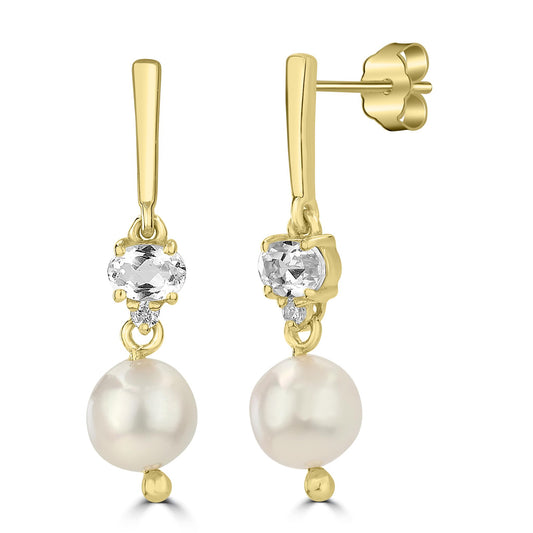 Sterling Silver Freshwater Pearl, Diamond and White Topaz Dangle Earrings