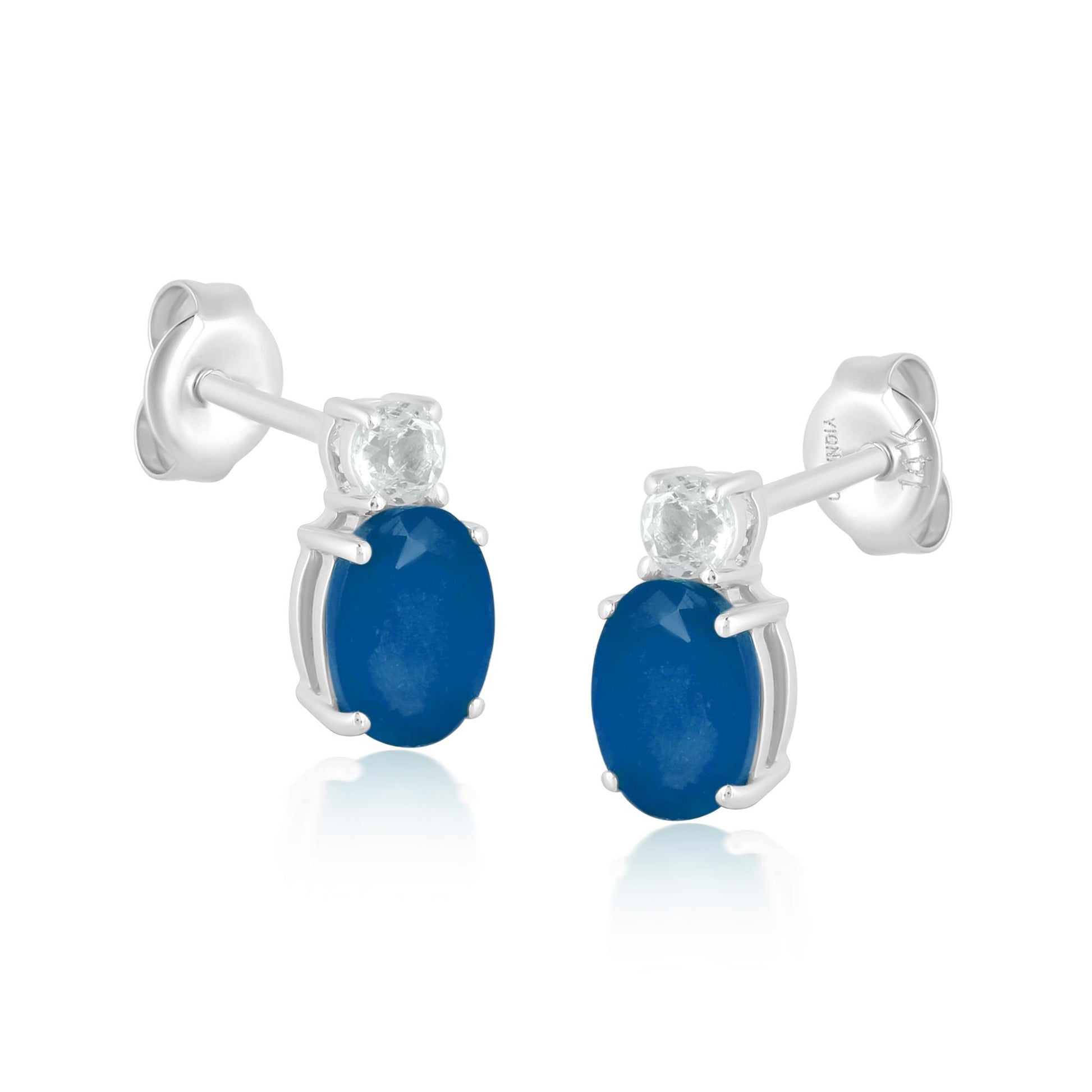 14K White Gold Oval Sapphire and White Topaz Stud Earrings