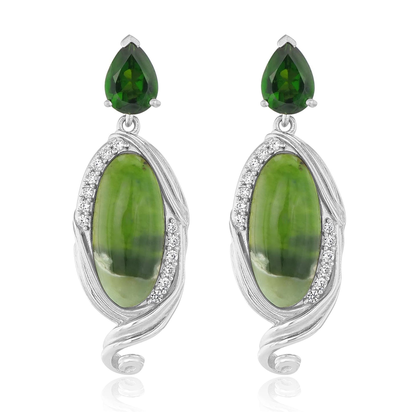 Gemistry Women & Girls Sterling Silver Elongated Oval Chrome Chalcedony Gemstone Swirl Design Drop Earrings | Birthstone Jewelry Gift for Her Birthday | Wedding | Anniversary