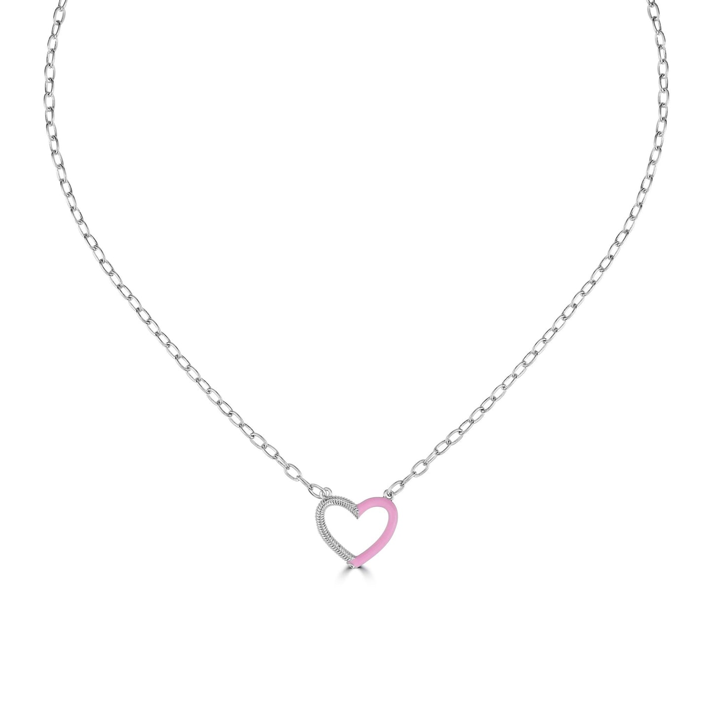 Bob Mackie Jewelry Silver-Plated Brass Pink Enamel White Cubic Zirconia Heart Pendant Necklace, 16-18 Inches