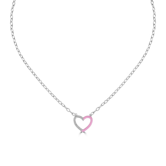 Bob Mackie Jewelry Silver-Plated Brass Pink Enamel White Cubic Zirconia Heart Pendant Necklace, 16-18 Inches