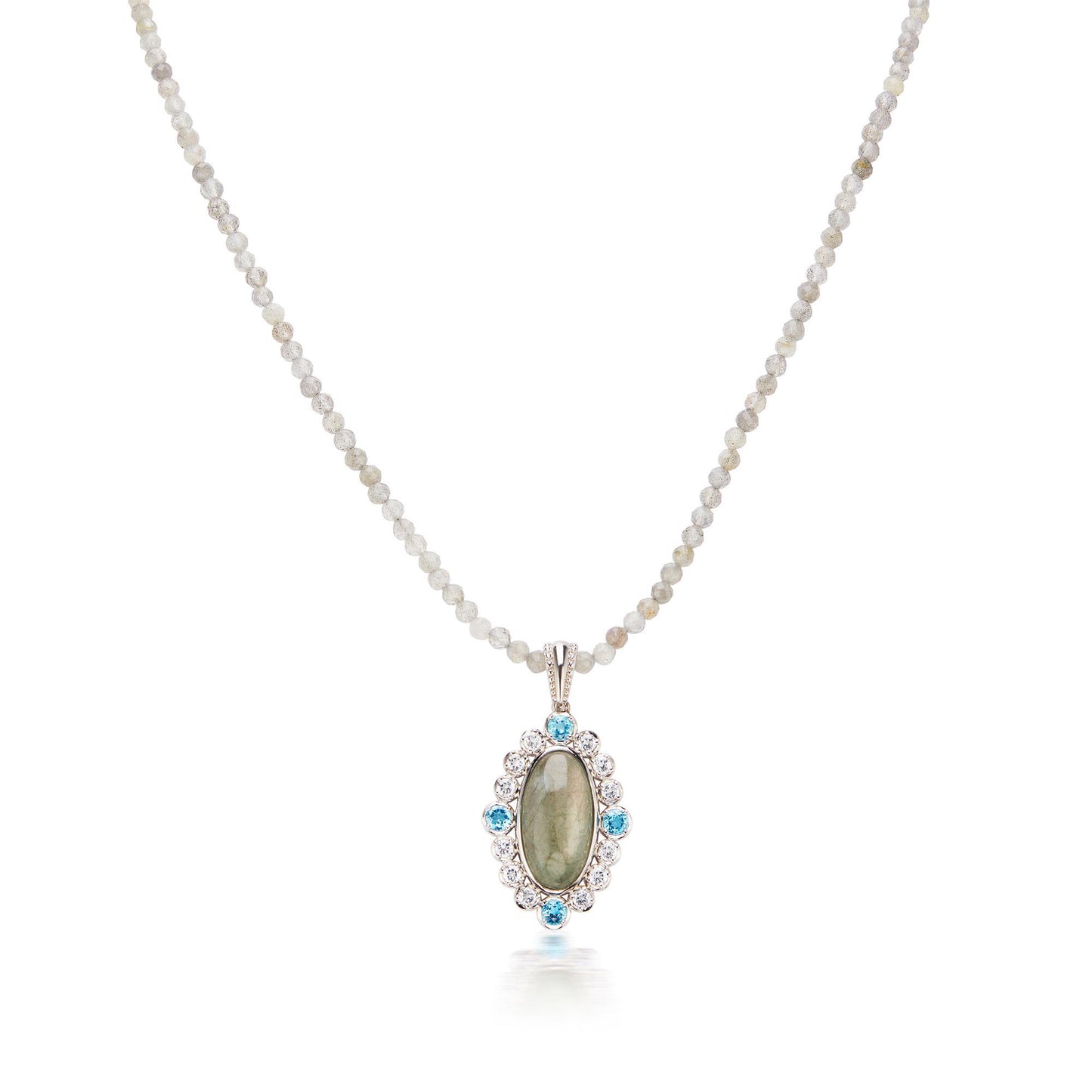 GG Collection  Sterling Silver Labradorite, White Topaz and Swiss Blue Topaz Beaded Pendant Necklace, 18 Inches