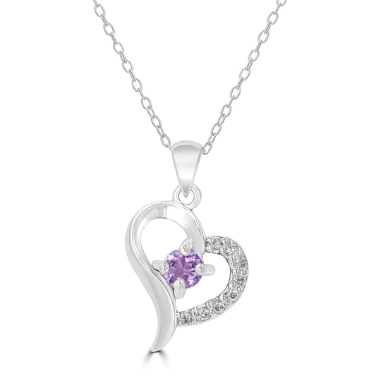 Sterling Silver Amethyst and Cubic Zirconia Heart Design Cable Pendant Necklace, 18 Inches