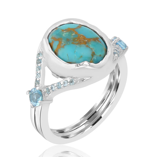Sterling Silver Oval Turquoise and Blue Topaz Gemstone Split Shank Ring