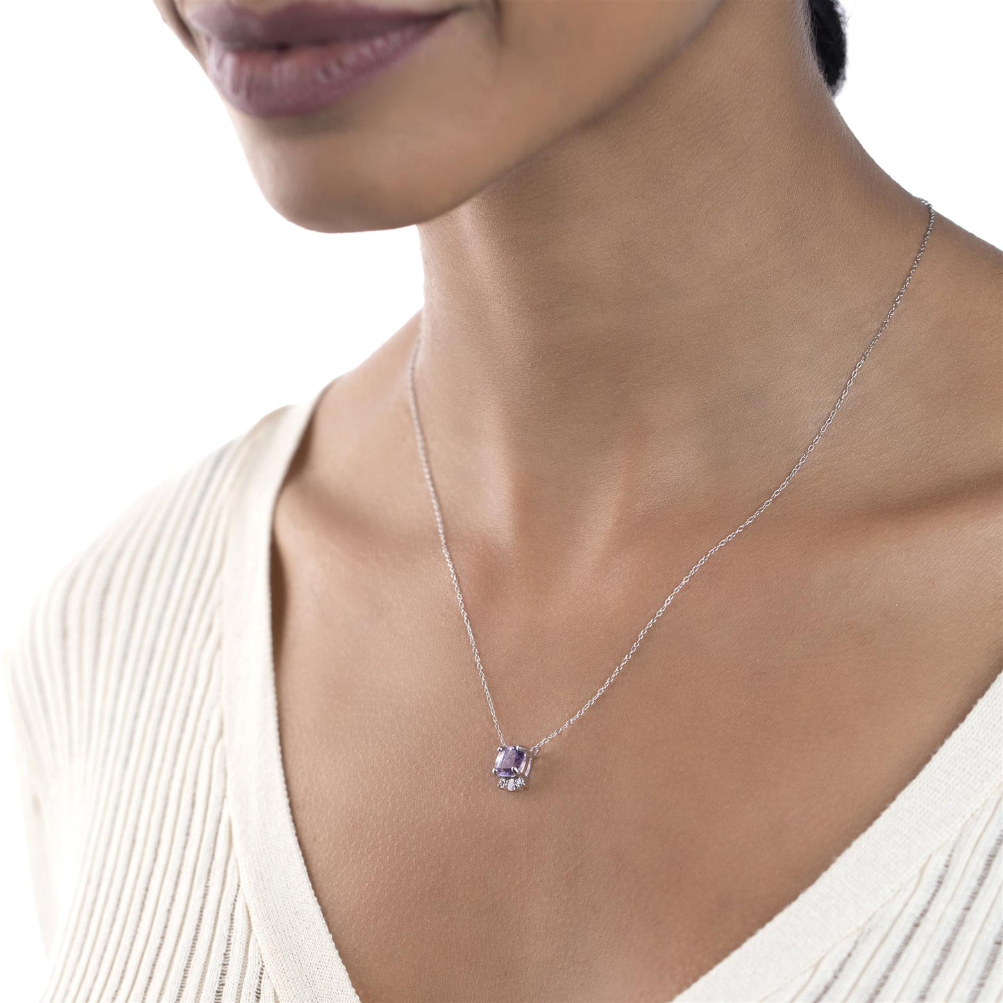 Sterling Silver Amethyst  and Cubic Zirconia Cushion Cut Pendant Necklace, 18 Inches