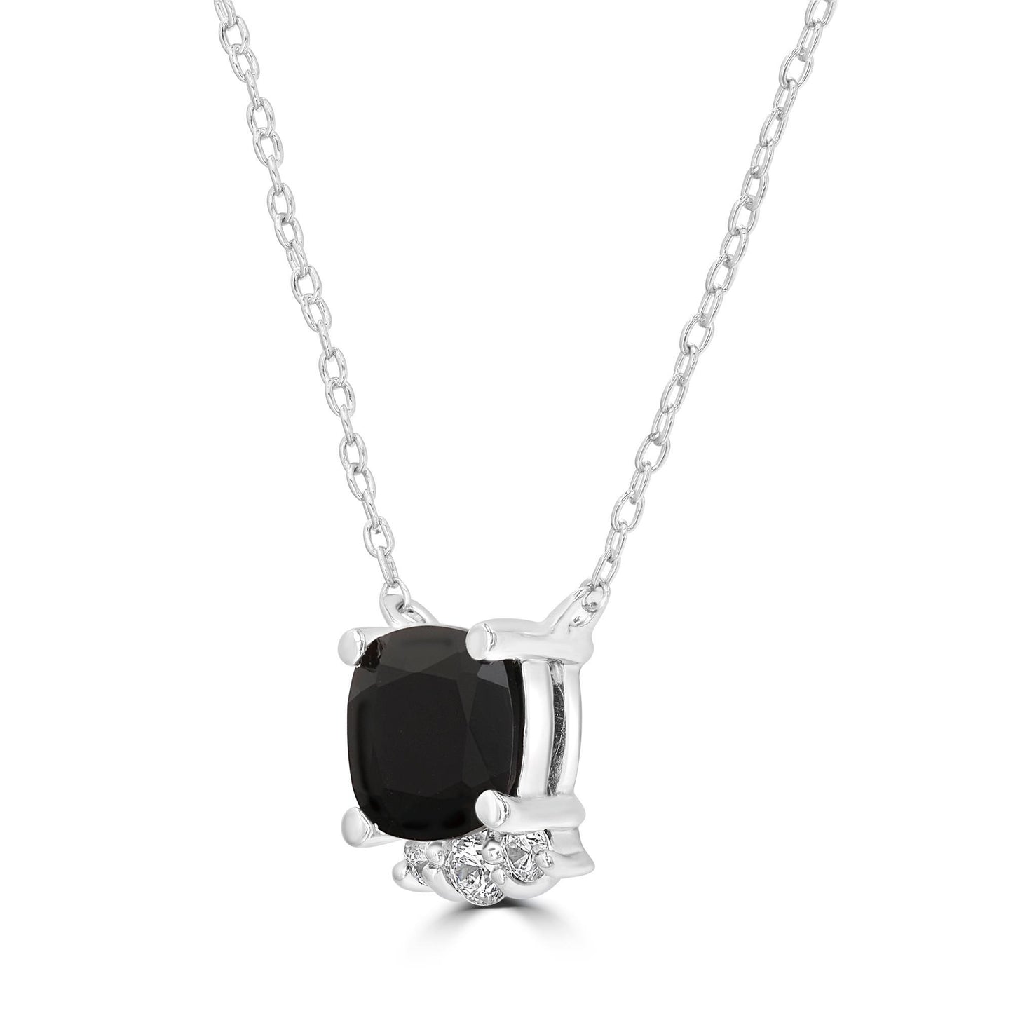 Sterling Silver Black Onyx and Cubic Zirconia Cushion Cut Pendant Necklace, 18 Inches