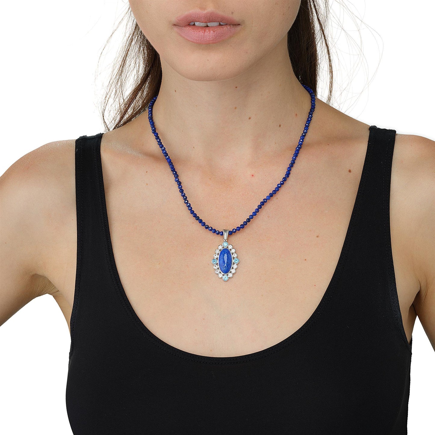 GG Collection Sterling Silver Beaded Lapis, White and Blue Topaz Pendant Necklace
