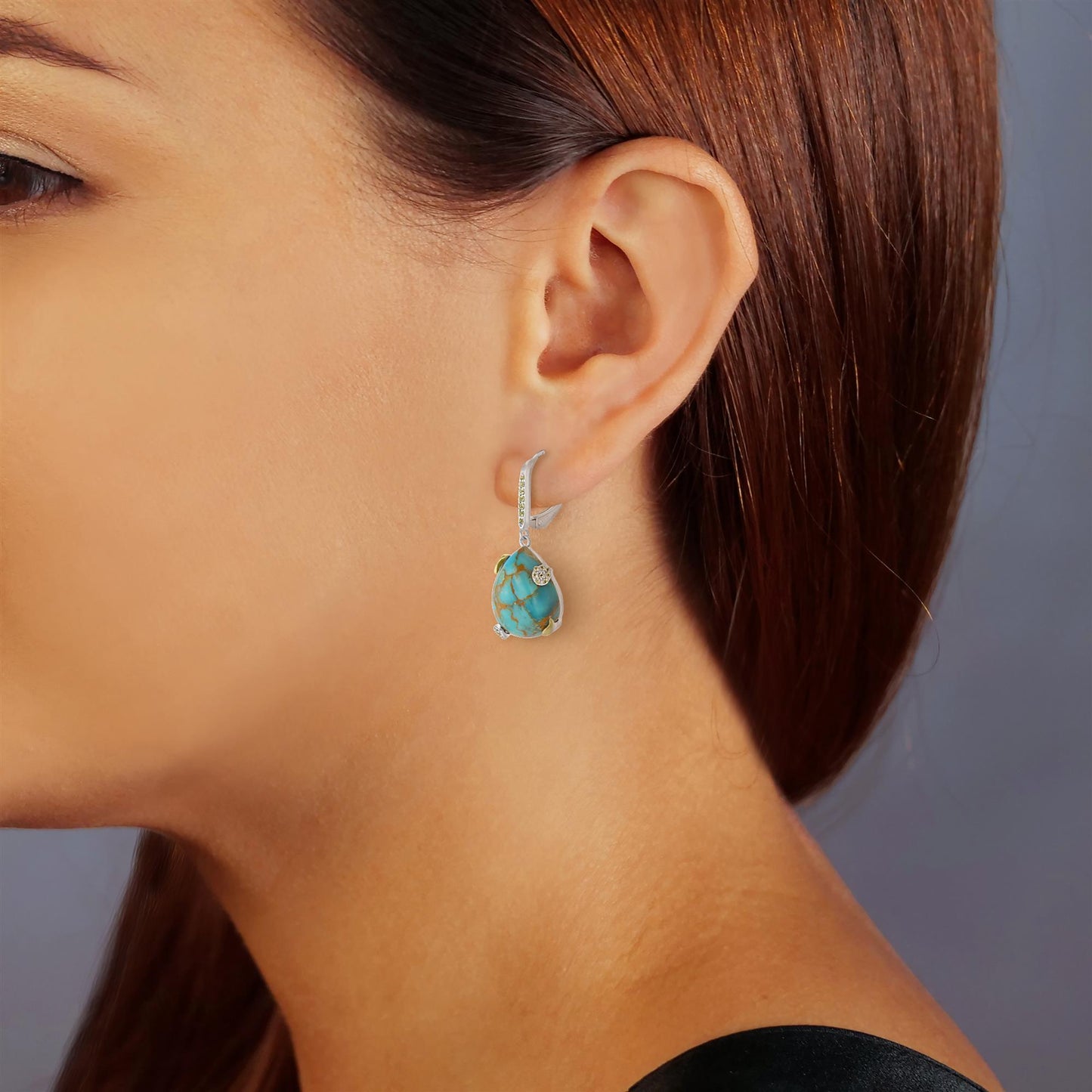 Sterling Silver Pear Sonoran Turquoise Cabochon and Peridot Drop Earrings |