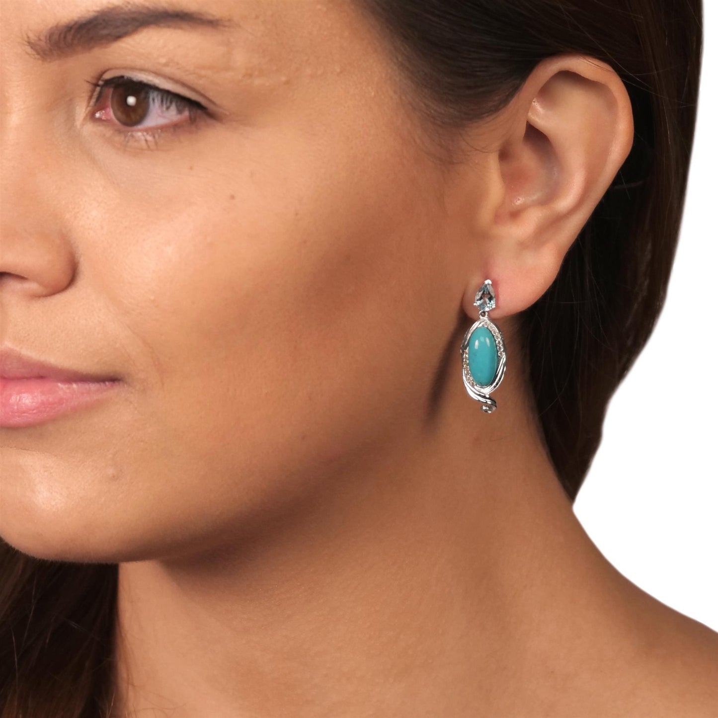 Sterling Silver Elongated Oval Turquoise and Blue Topaz Swirl Design Drop Earrings