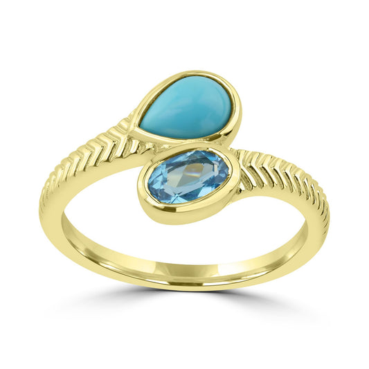 GG Collection Pear Turquoise and Oval Swiss Blue Topaz Gemstone Gold Plated Bypass Ring in 925 Sterling Silver (Ring Size 7)