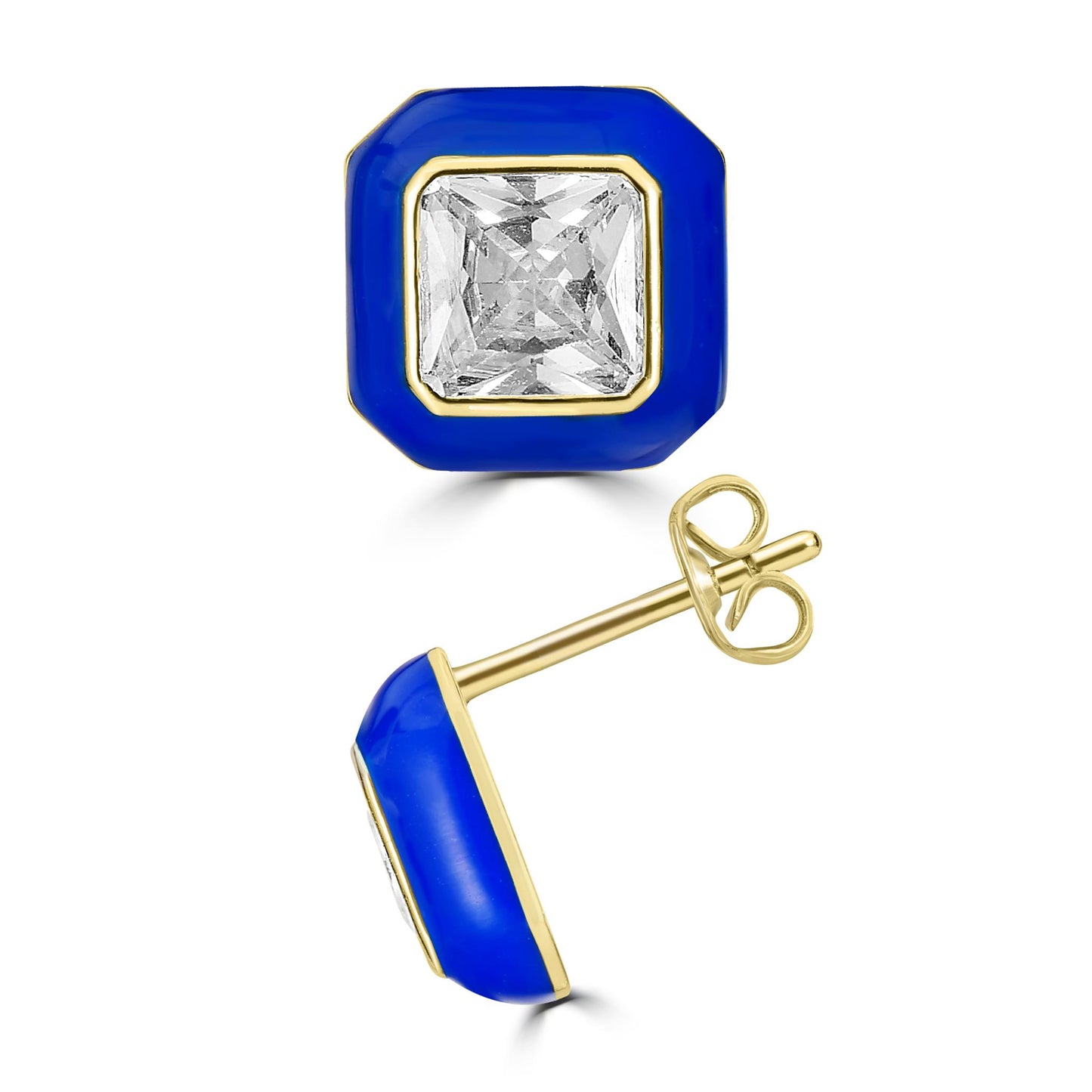 Bob Mackie Jewelry 14K Gold Over Brass Black, White and Navy Enamel White Cubic Zirconia Stud Earrings, Set of 3 Colors