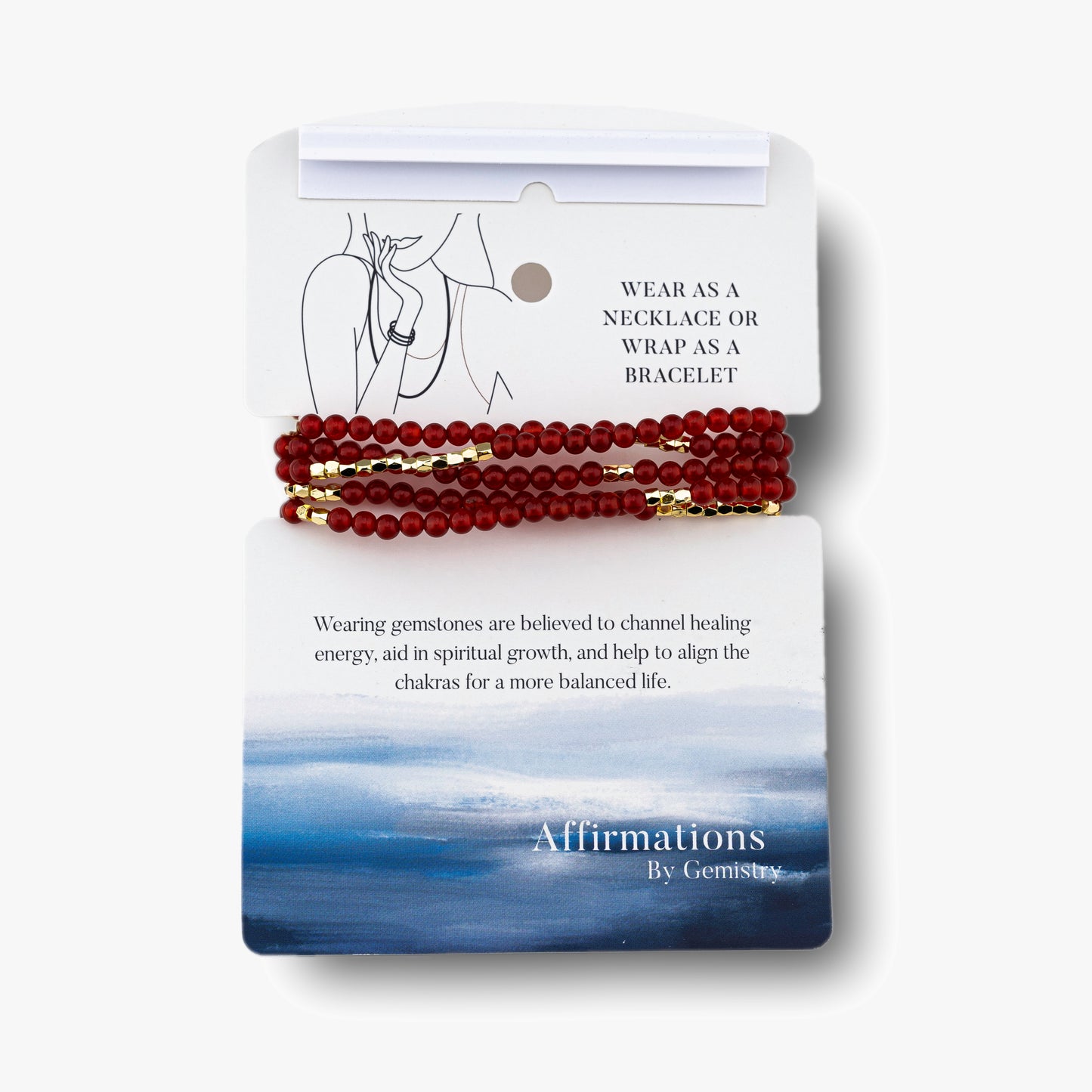 14K Gold Over Brass Red Agate Gemstone Beaded Wrap Bracelet or Necklace, 35 Inches