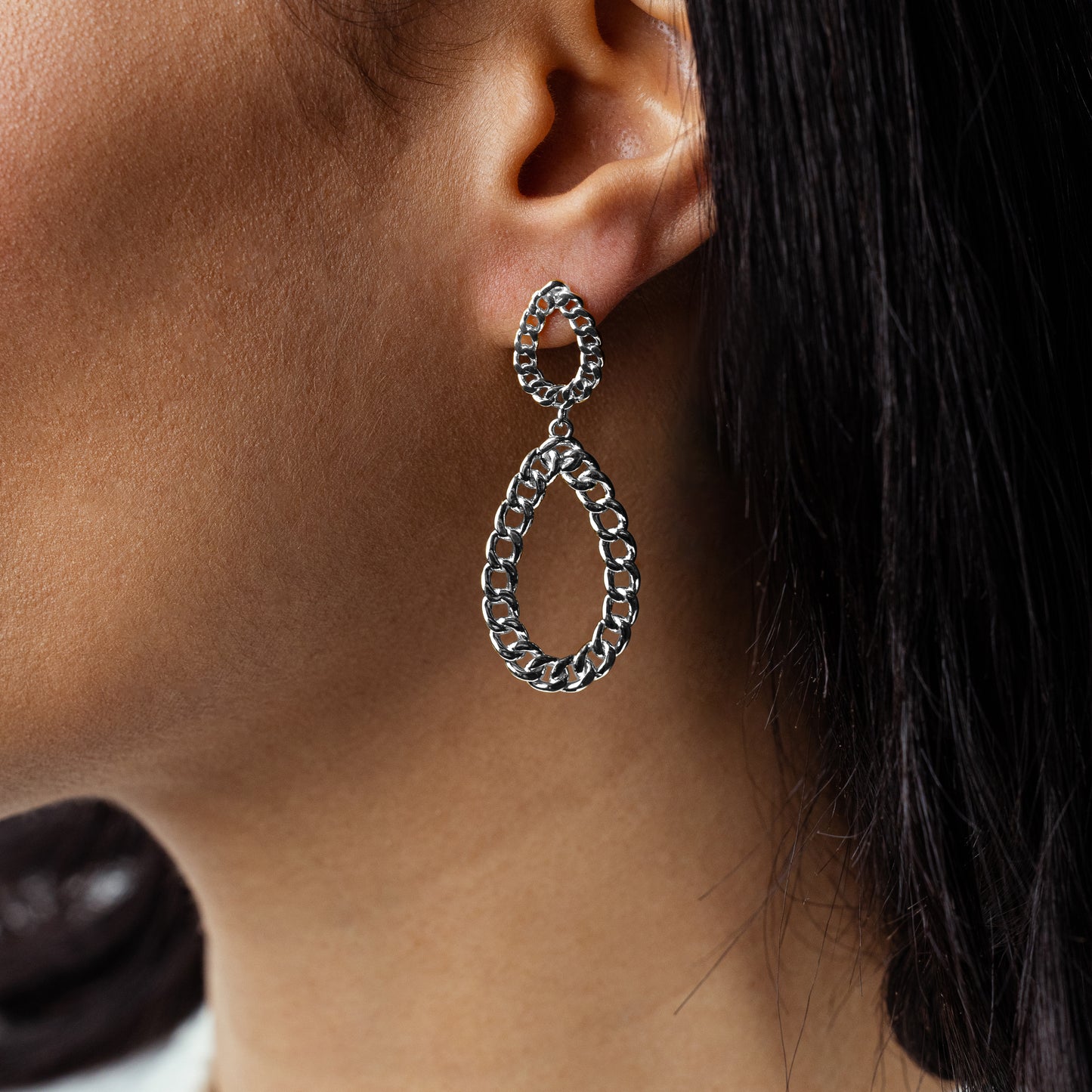 Judy Crowell Jewelry Sterling Silver Double Chain Open Oval Drop Earrings